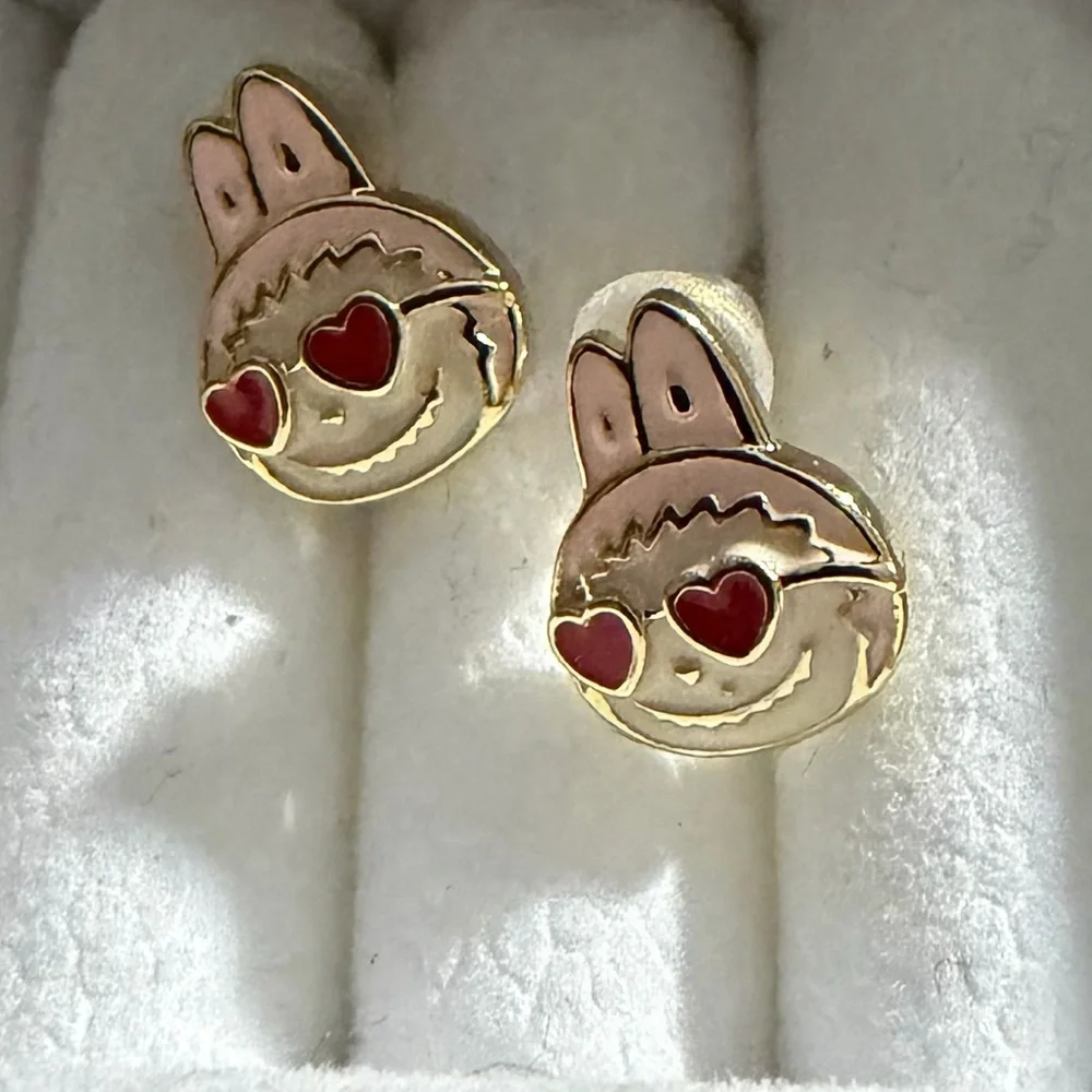 14K Gold Labubu Pink w Heart Sunnies Theme Enamel Stud Earrings Kawaii Boutique - Picture 5 of 7